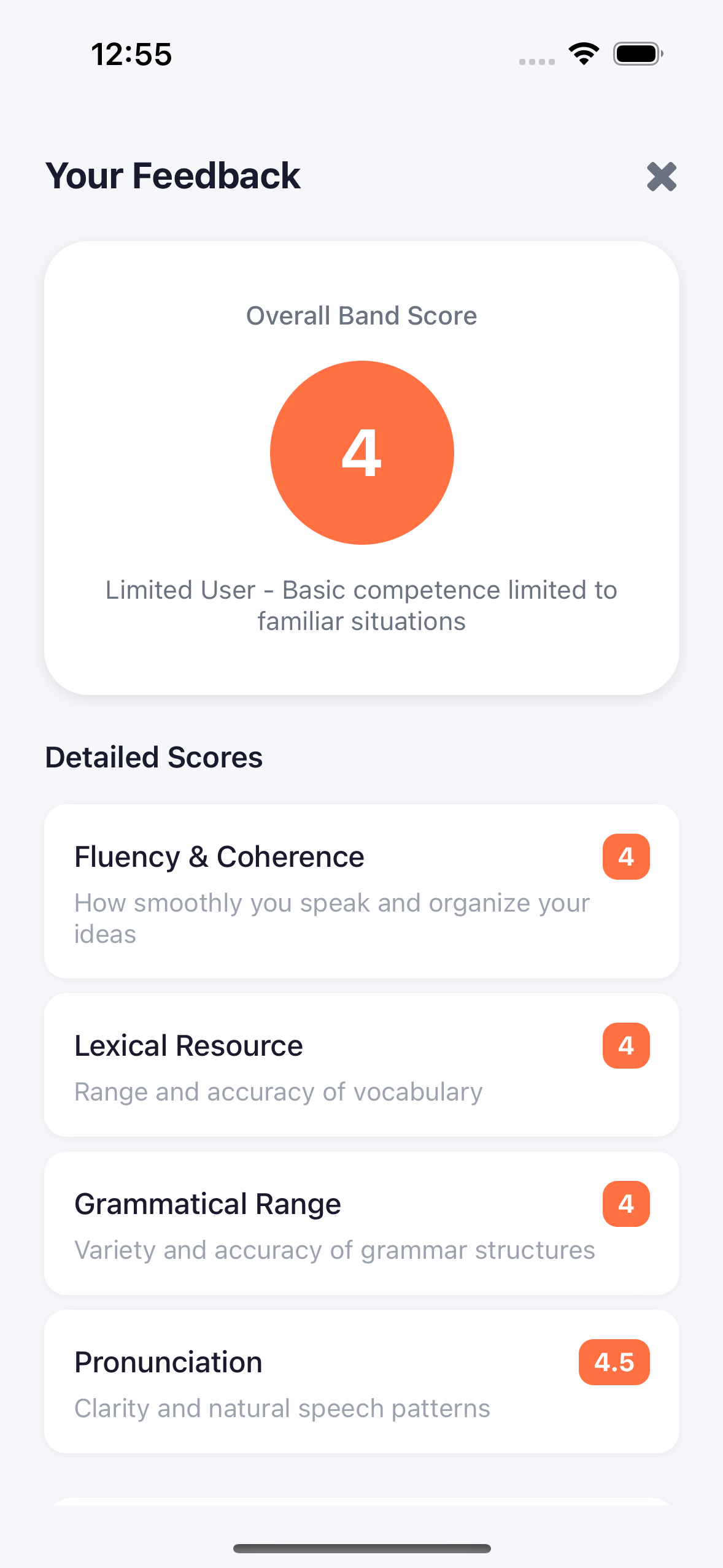 SpeakReady AI feedback screen showing overall IELTS band score with Fluency, Lexical Resource, Grammar, and Pronunciation breakdown