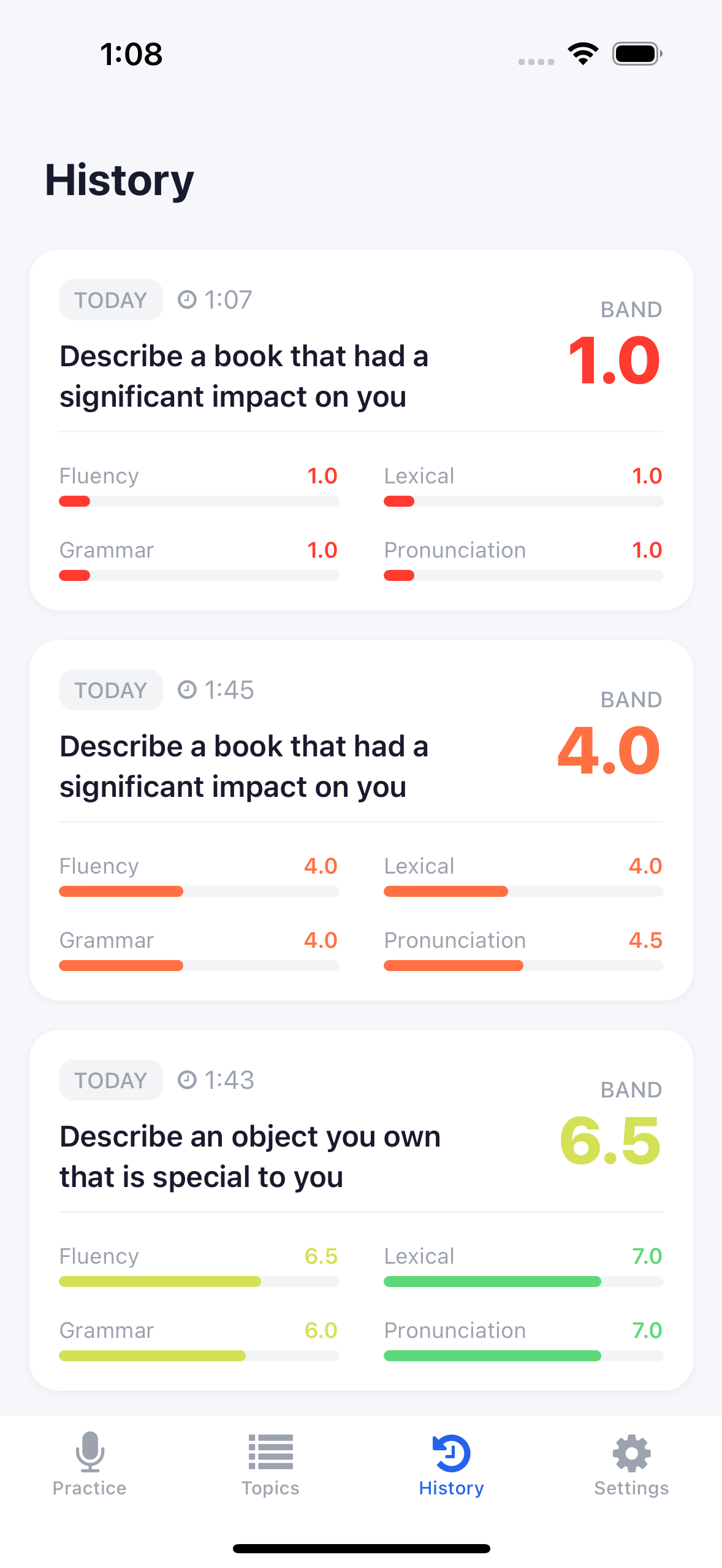 SpeakReady practice history screen showing past IELTS speaking sessions with band scores and criteria breakdown for tracking progress