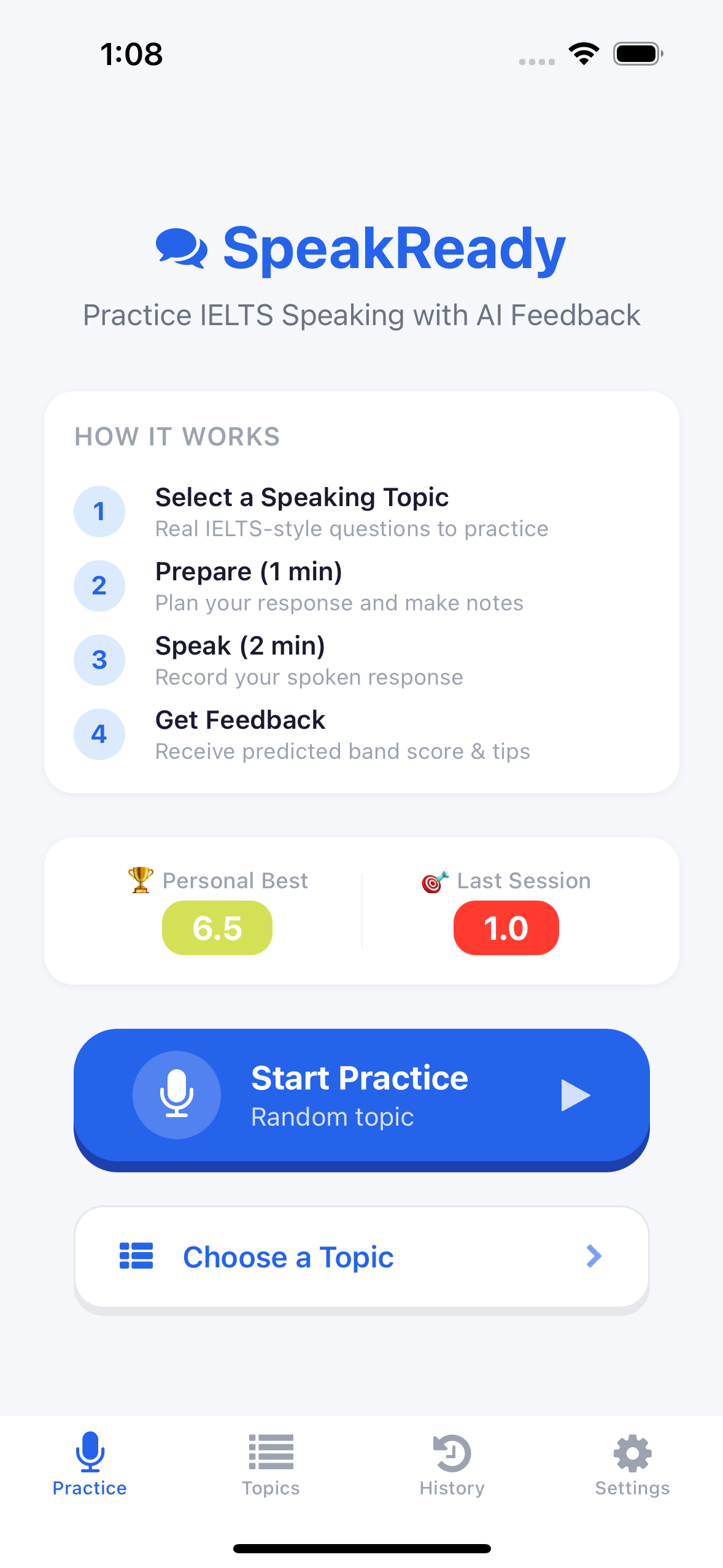 SpeakReady app home screen showing practice flow, personal best band score, and start practice button